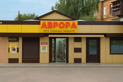 Фасад магазину «Аврора» з яскравою вивіскою жовтого кольору та червоним логотипом. На вході видно постери з акційними пропозиціями, відкриті двері ведуть до торгового залу. Будівля оформлена у сучасному стилі з панелями коричневого та бежевого кольорів.