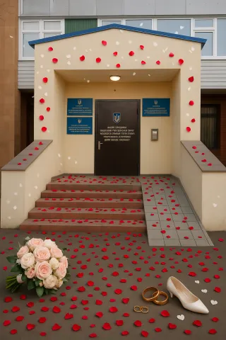 Вхід до відділу державної реєстрації актів цивільного стану Полтавського районного управління юстиції будівля з табличками та пандусом, фасад у світлих тонах, чорні двері з оголошеннями.