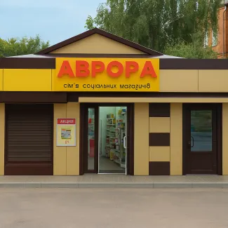 Фасад магазину «Аврора» з яскравою вивіскою жовтого кольору та червоним логотипом. На вході видно постери з акційними пропозиціями, відкриті двері ведуть до торгового залу. Будівля оформлена у сучасному стилі з панелями коричневого та бежевого кольорів.