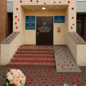 Вхід до відділу державної реєстрації актів цивільного стану Полтавського районного управління юстиції  будівля з табличками та пандусом, фасад у світлих тонах, чорні двері з оголошеннями.