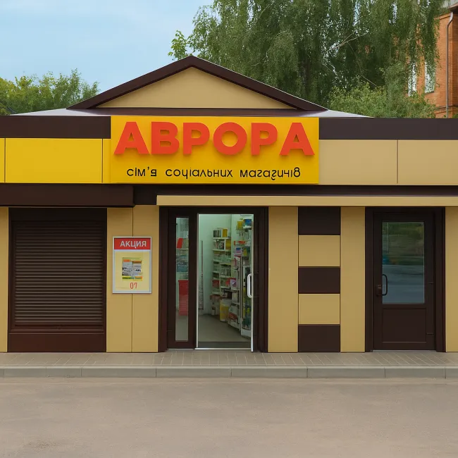 Фасад магазину «Аврора» з яскравою вивіскою жовтого кольору та червоним логотипом. На вході видно постери з акційними пропозиціями, відкриті двері ведуть до торгового залу. Будівля оформлена у сучасному стилі з панелями коричневого та бежевого кольорів.