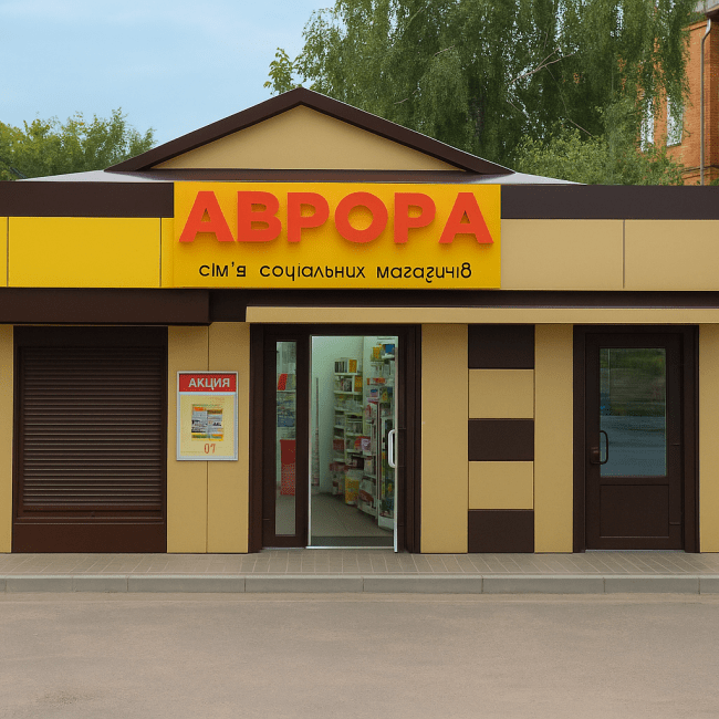 Фасад магазину «Аврора» з яскравою вивіскою жовтого кольору та червоним логотипом. На вході видно постери з акційними пропозиціями, відкриті двері ведуть до торгового залу. Будівля оформлена у сучасному стилі з панелями коричневого та бежевого кольорів.