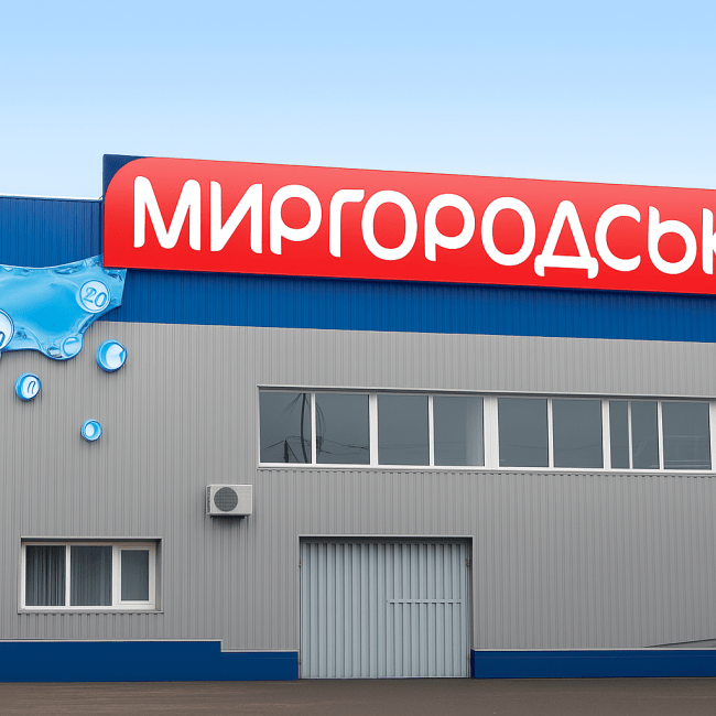 Фасад заводу «Миргородська» з яскравою червоною вивіскою на даху, оформлений у синьо-сірих кольорах. Ліворуч – декоративна композиція у вигляді бризок води з символами мінералів. Сучасна промислова будівля з великими вікнами та металевими воротами.